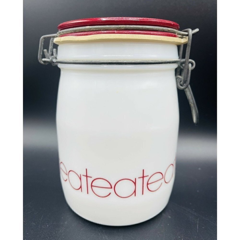 Vintage Wheaton Milk Glass Tea Canister Kitchen Storage White Red Bail Lid 5.75”